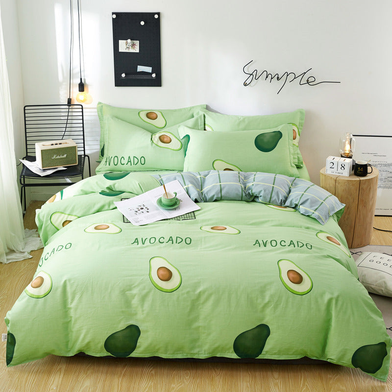 Three or four-piece cotton twill bedding set for students, featuring soft patterned fabric and coordinated bedding pieces
