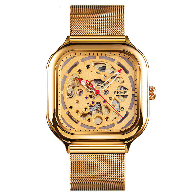 Hollow high-end men's automatic mechanical watch with visible skeleton dial and leather-style strap