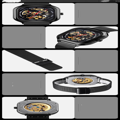 Hollow high-end men's automatic mechanical watch with visible skeleton dial and mechanical movement