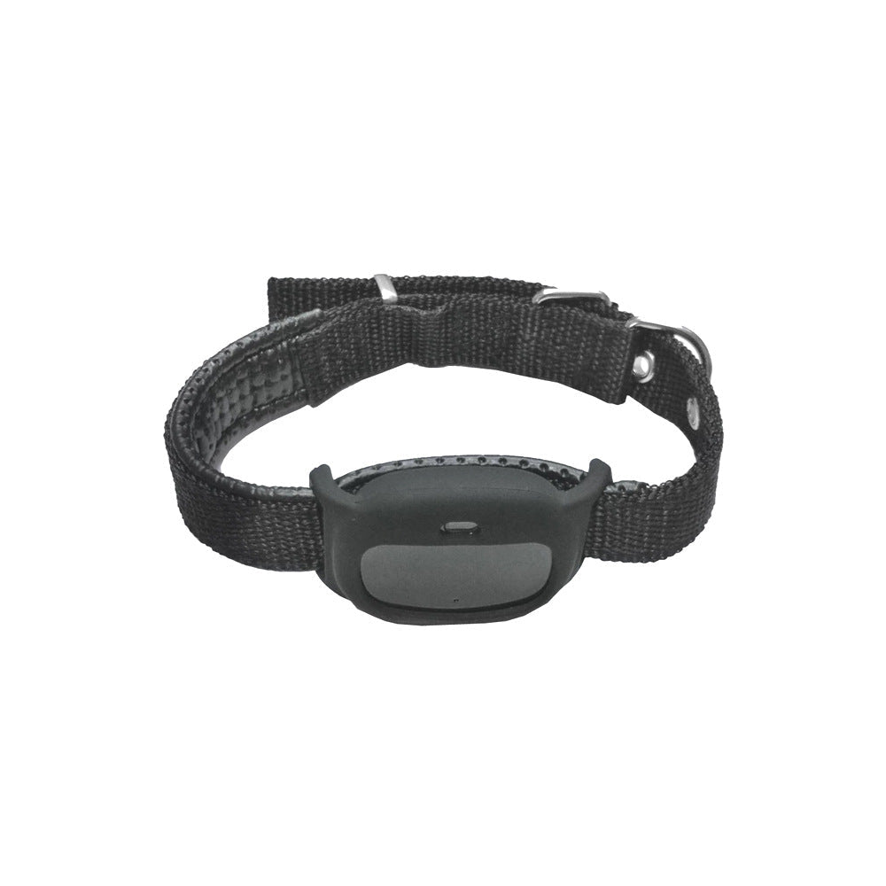 Miniature ABS multifunctional pet collar locator device, compact black tracker shown close up