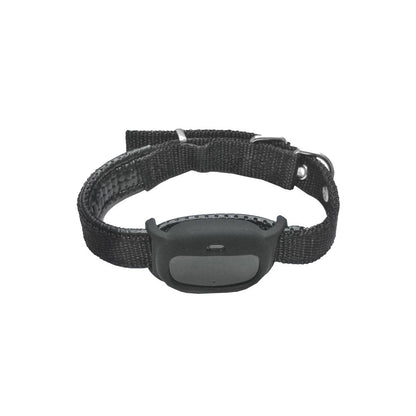 Miniature ABS multifunctional pet collar locator device, compact black tracker shown close up