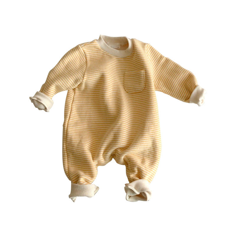 Striped baby jumpsuits worn outdoors, showing the comfortable fit and casual design.