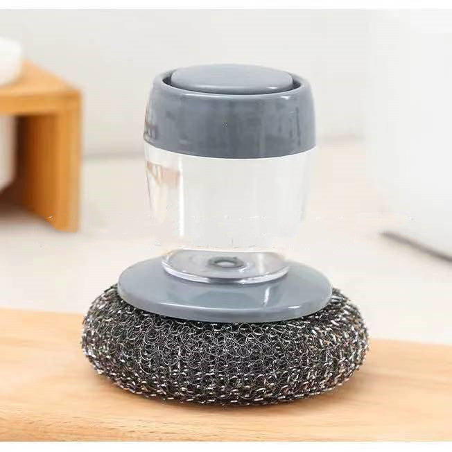 Kitchen soap dispensing palm brush cleaner, push-type dish brush for applying detergent and scrubbing dishes