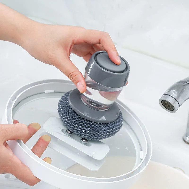 Kitchen soap dispensing palm brush cleaner push-type dishwashing brush with detergent reservoir