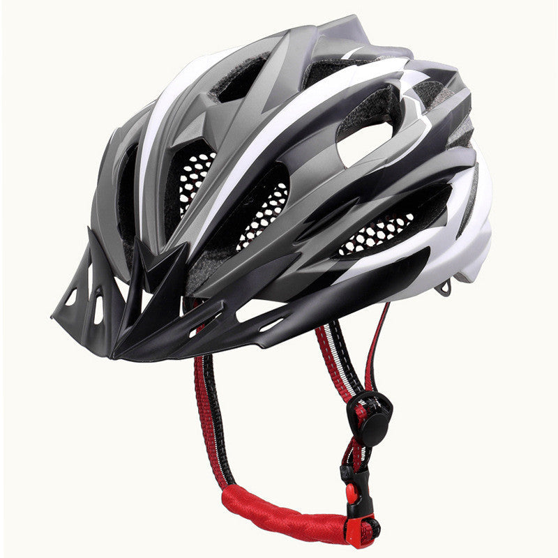Outdoor riding bicycle helmet in black and white with adjustable straps