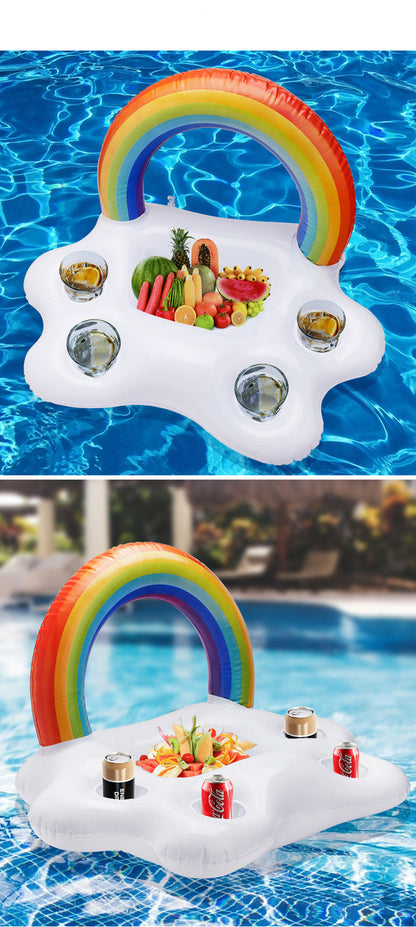 Inflatable rainbow toy cup holder floating on water in colorful rainbow design