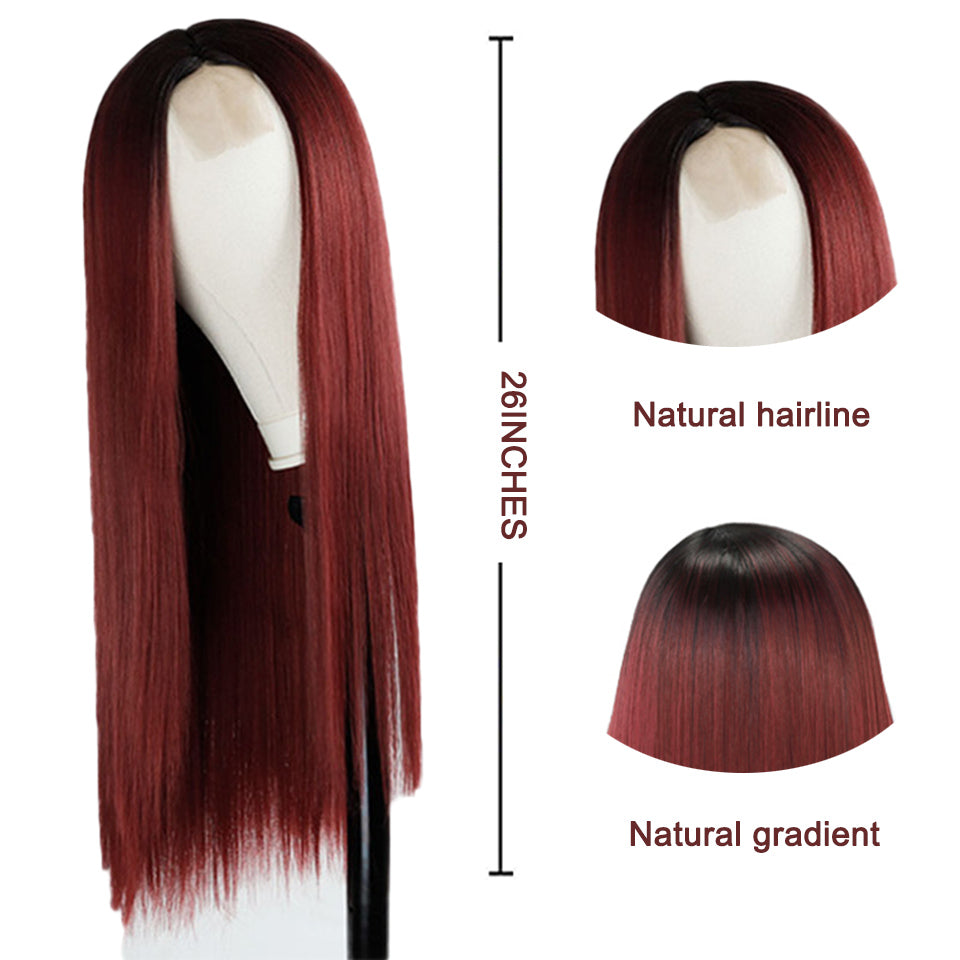 Long straight hair wig with faded color transition, viewed from the front