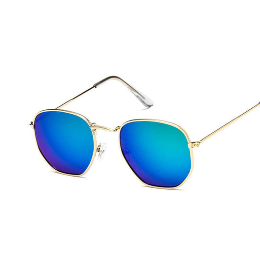 Metal polygonal sunglasses for men and women with geometric frames and dark lenses