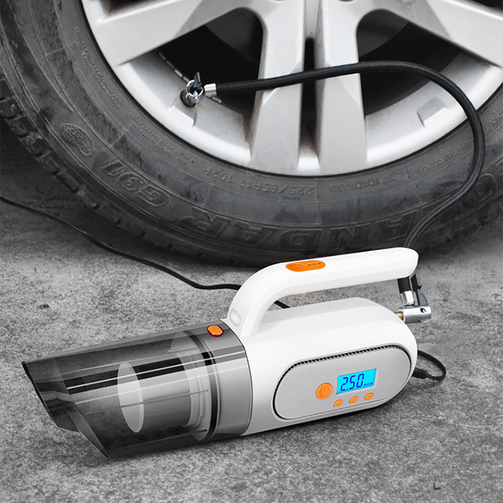 Vacuum cleaner in car interior showing compact handheld design for cleaning seats and floor mats