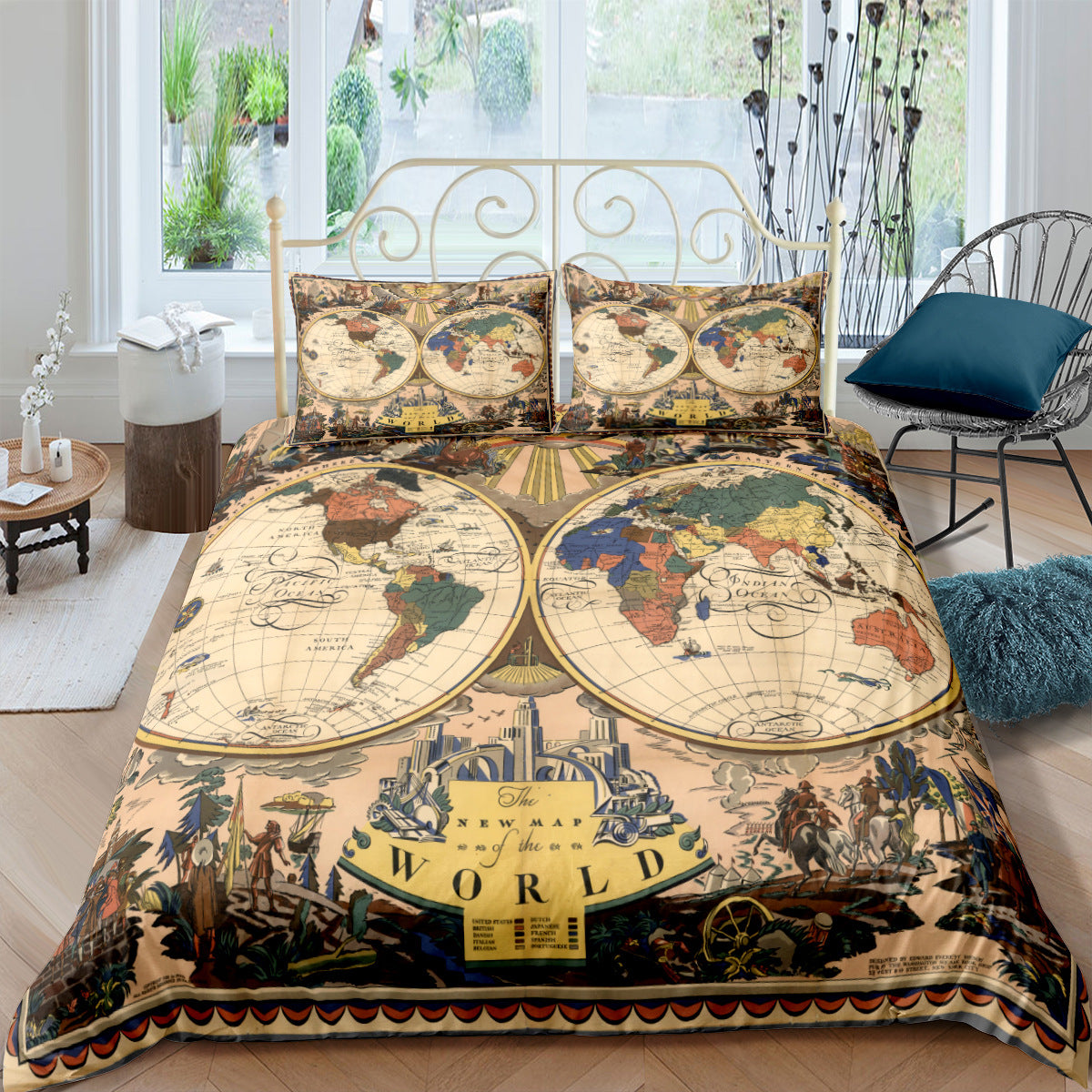 Retro treasure map nautical chart three-piece bedding set with customized DIY digital print design