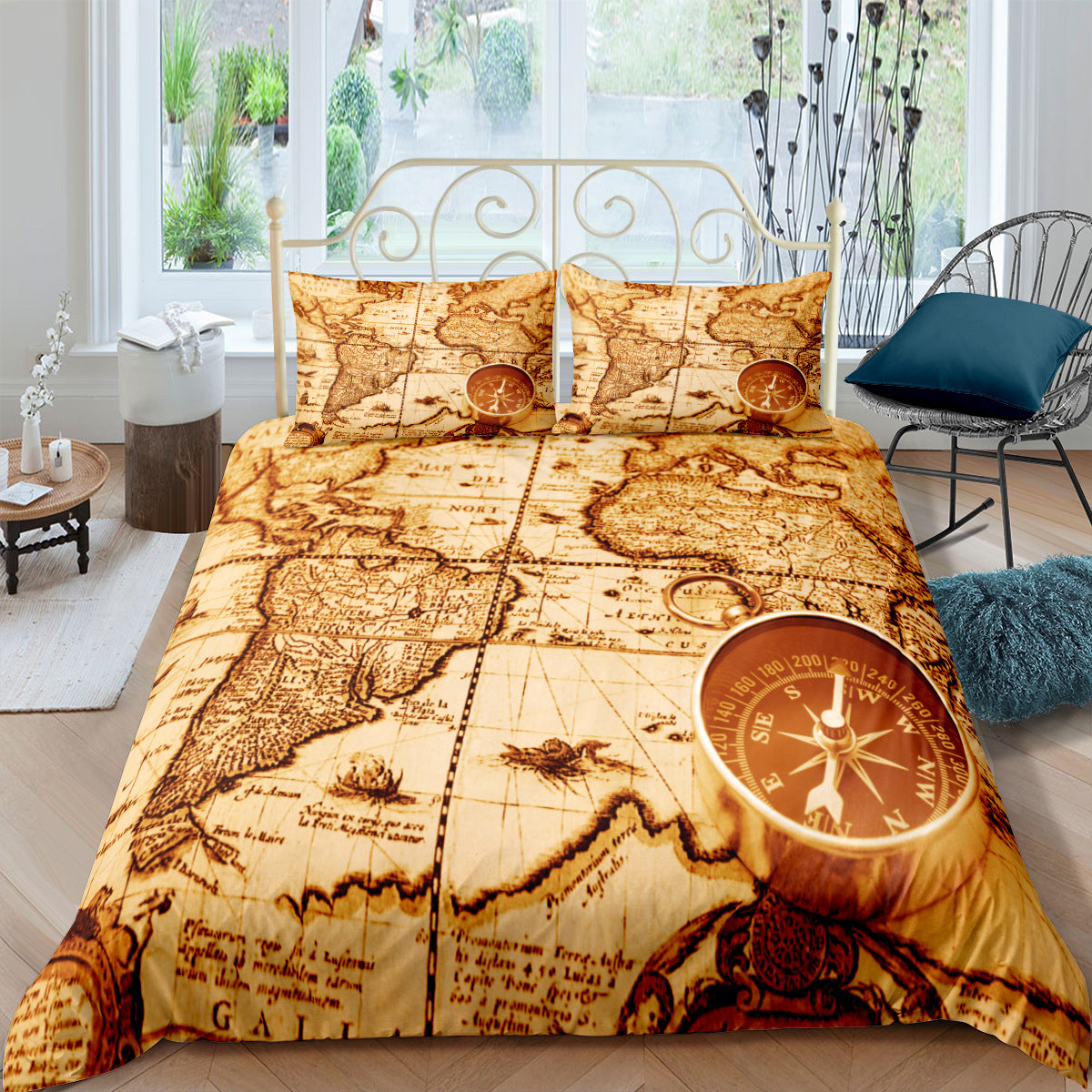 Retro treasure map nautical chart three-piece bedding set, customized DIY digital print, cross-border Amazon style