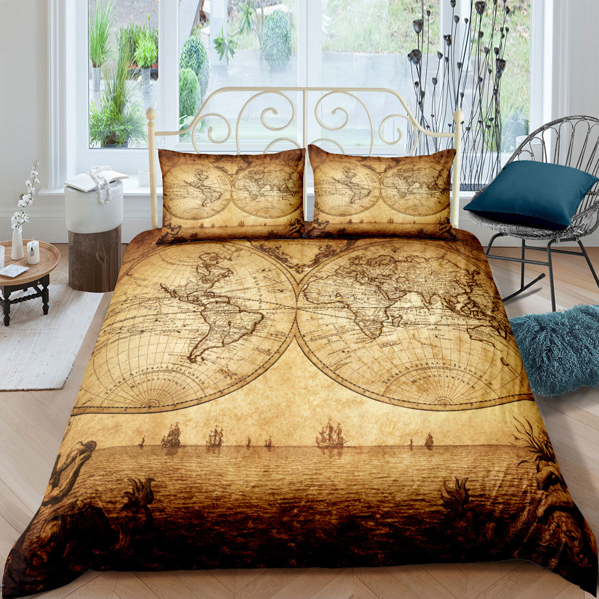 Retro treasure map nautical chart three-piece bedding set with customized digital print design