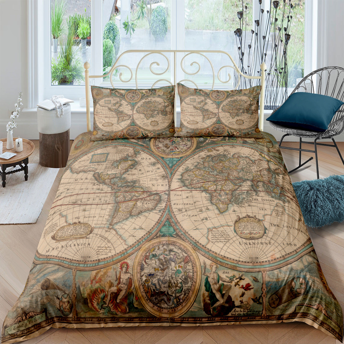 Retro treasure map nautical chart three-piece bedding set with customized DIY digital print design