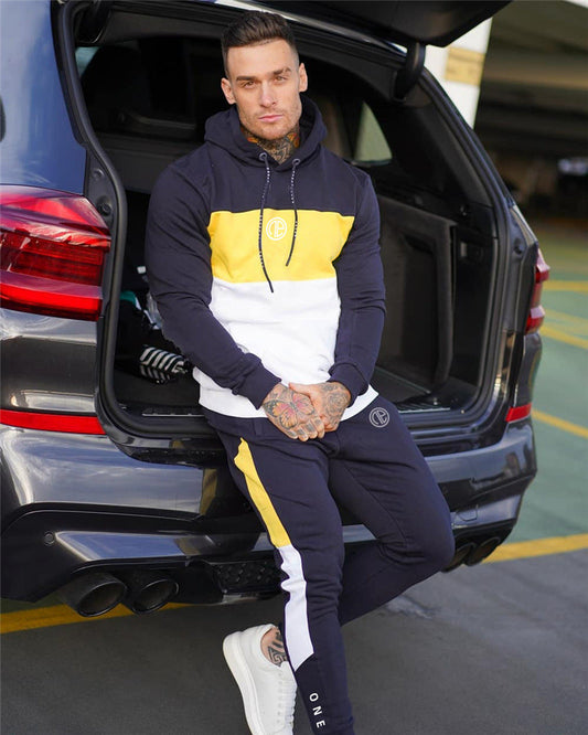 Contrast color hooded fitness suit with splicing design by My Store