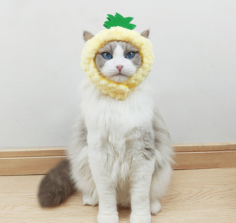 Cute pineapple cat hat warm puppet headdress for cats, yellow pineapple design with soft ear flaps
