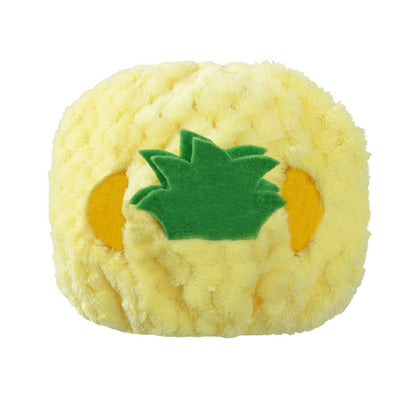 Cute pineapple cat hat warm puppet headdress displayed on a cat; yellow pineapple design with green leafy top
