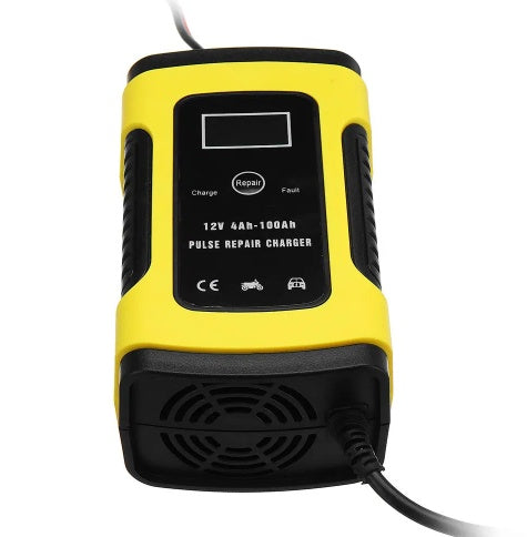 Full intelligent battery charger and repair device for car batteries, compact electronic unit with display controls