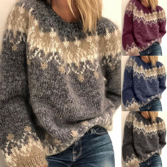 Women's ethnic jacquard pullover sweater, casual autumn and winter knitted top in multicolor pattern