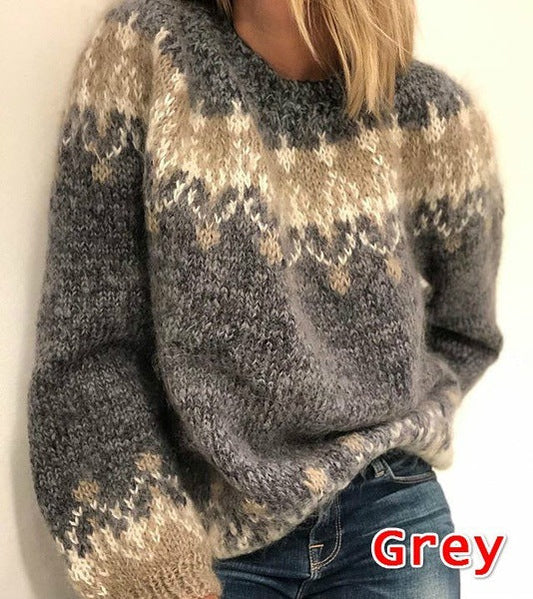 Women's ethnic style jacquard pullover sweater, casual autumn and winter knitted top