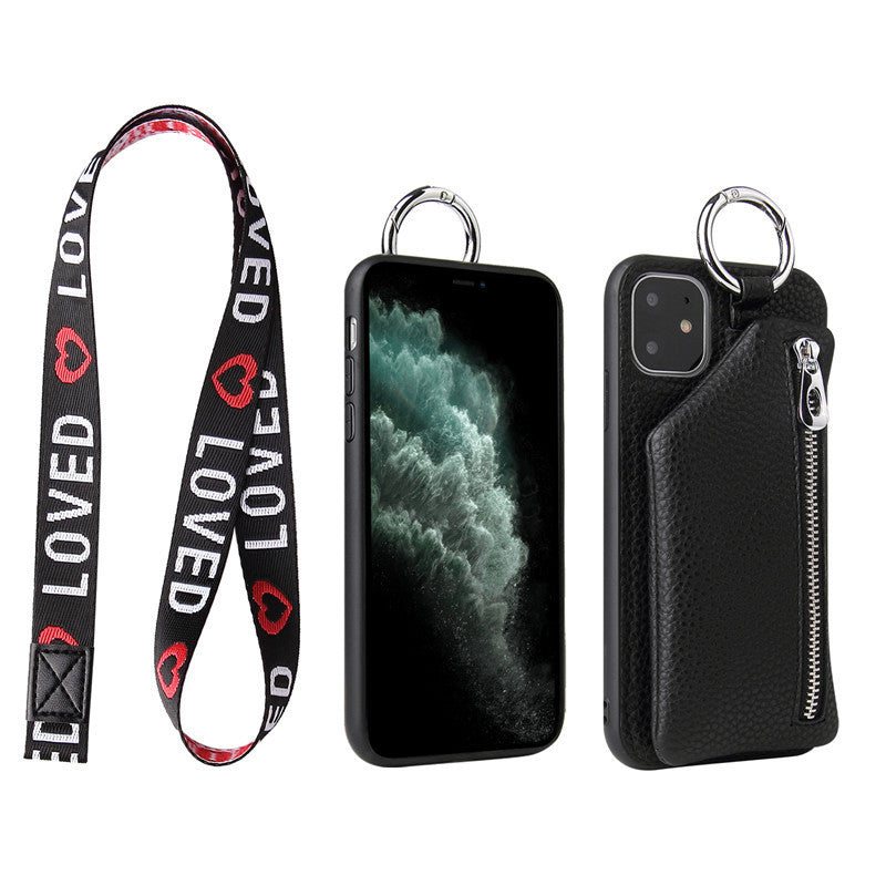 Apple iPhone PU leather crossbody phone case with coin purse, strap cord, and neck lanyard for XR, X, XS, 12 Pro, 11 Pro Max, 7, 8 Plus, SE