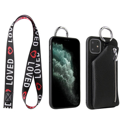 Apple iPhone PU leather crossbody phone case with coin purse, strap cord, and neck lanyard for XR, X, XS, 12 Pro, 11 Pro Max, 7, 8 Plus, SE