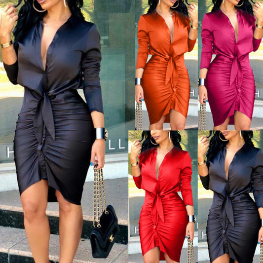 Women's solid color lace-up long sleeve midi shirt dress for elegant party fashion