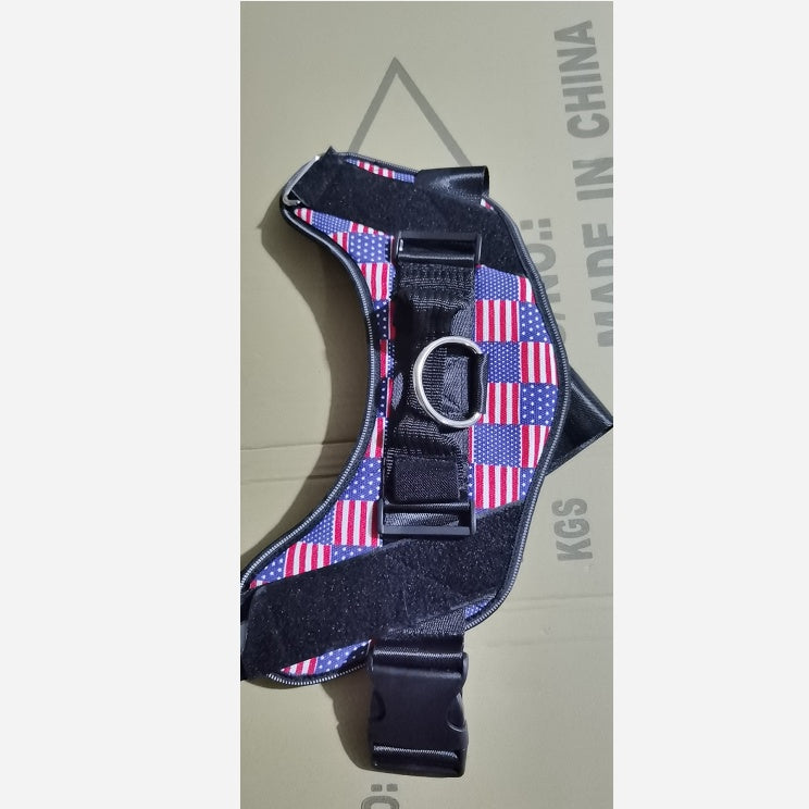 US style high-quality dog harness, Type 7, adjustable straps and secure fit in black and red.