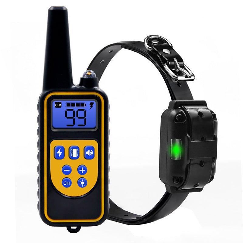 Remote control dog training collar with adjustable strap and handheld remote device
