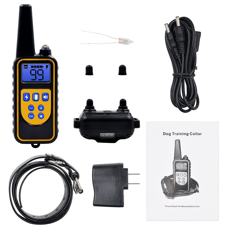 Remote control dog training collar with adjustable strap and handheld remote device