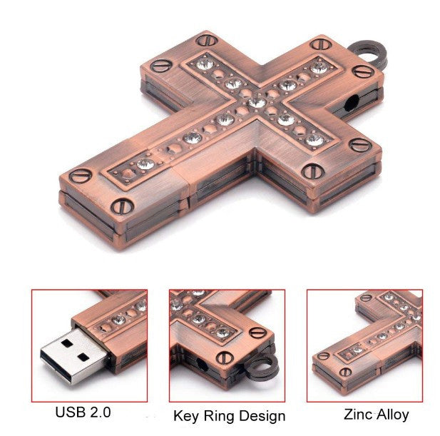 32GB metal cross USB flash drive with sleek silver finish, My Store brand