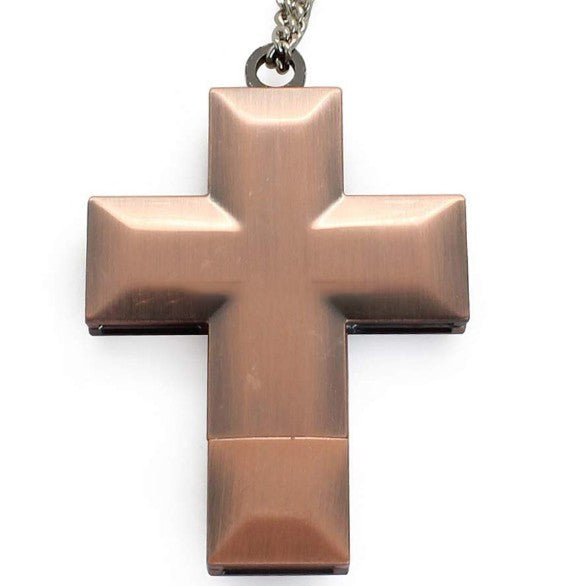 Metal cross USB flash drive, 32GB storage, silver pendant-style design.
