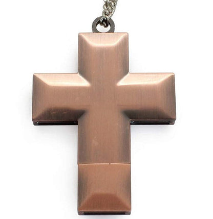 Metal cross USB flash drive, 32GB storage, silver pendant-style design.