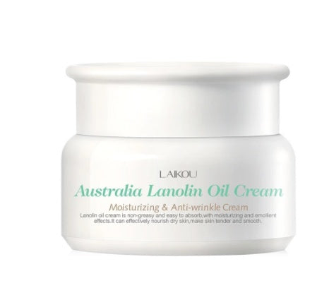 Lanolin cream moisturizing lotion for skin care, shown in a product container