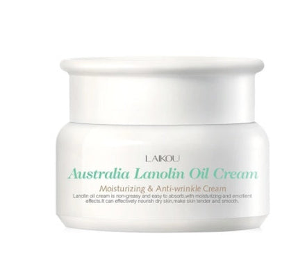 Lanolin cream moisturizing lotion for skin care, shown in a product container
