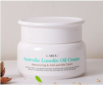 Lanolin cream moisturizing lotion skincare product in a simple bottle with a smooth, creamy texture