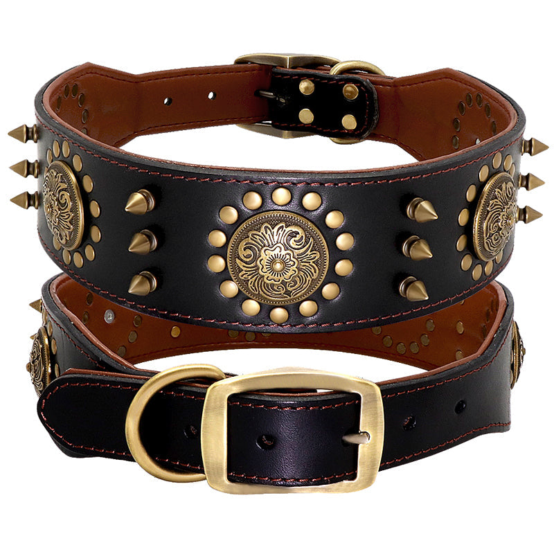 Black leather stud dog collar for large dogs, anti-bite design with metal studs