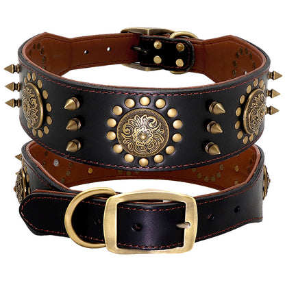 Black leather stud dog collar for large dogs, anti-bite design with metal studs