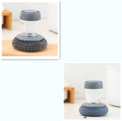 Kitchen soap dispensing palm brush cleaner, push-type dish brush with built-in detergent dispenser