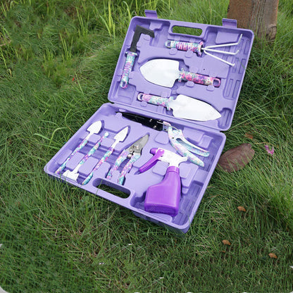 Printed 10-piece garden tools set with assorted hand tools, durable handles, and colorful patterns