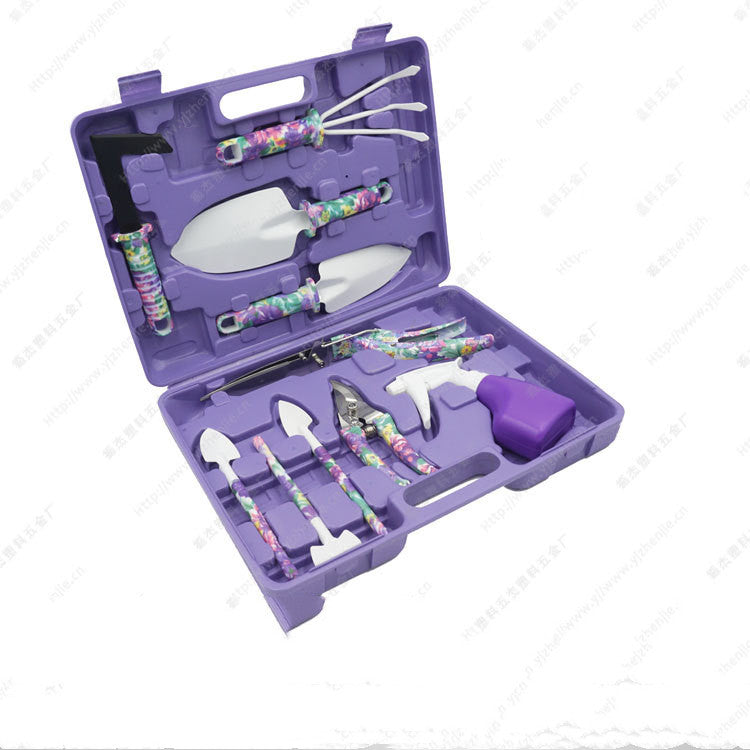 Printed 10-piece garden tools set with colorful handles and essential gardening tools