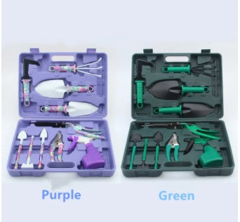 Printed 10-piece garden tools set with colorful handles and assorted gardening accessories
