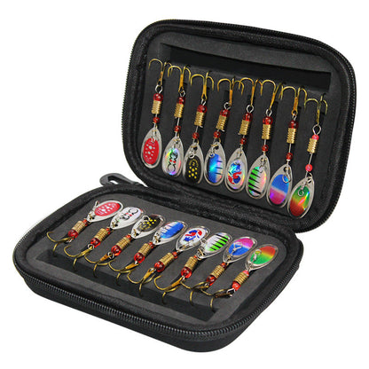Rotating composite sequin fishing bait hook set in a small external tackle bag