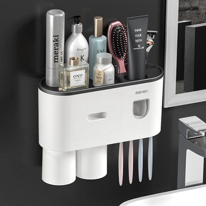 Hanging magnetic toothbrush holder with single drawer, toothpaste squeezer, and toiletry storage rack