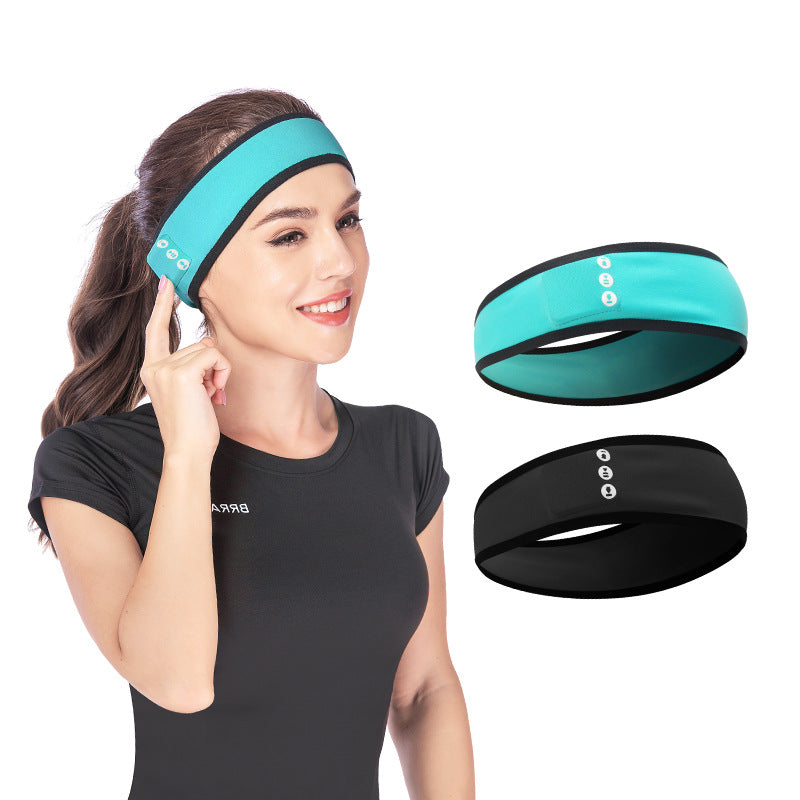 Wireless Bluetooth sports headband with integrated headphones, adjustable design, and soft fabric construction
