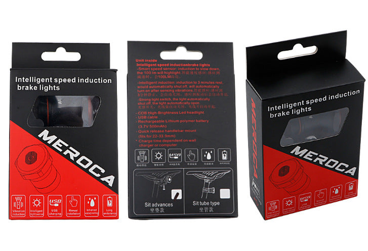 Bicycle smart brake sensor taillight mounted on a bike frame, red rear light visible