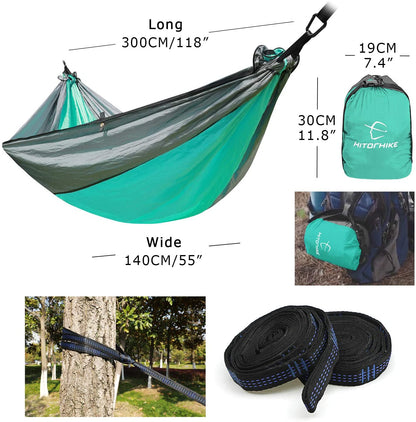 Portable nylon parachute backpacking hammock for outdoor use, double size with durable hanging straps