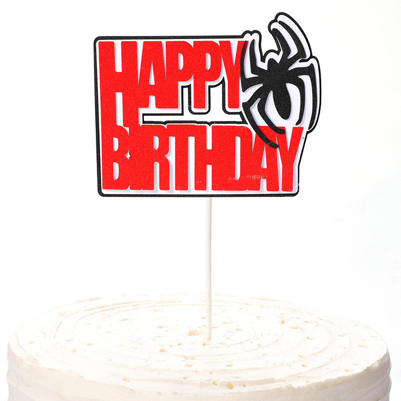 Spider web cake decoration insert card for children's birthday cake, featuring a black spider design