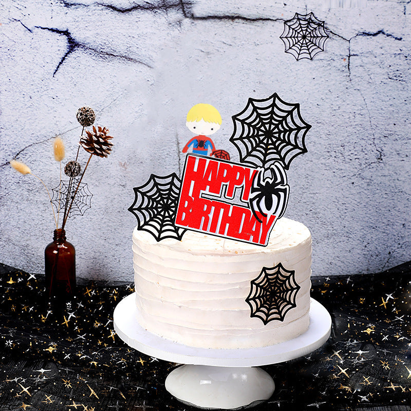 Spider web cake decoration insert card for children's birthday cake, featuring a spider design