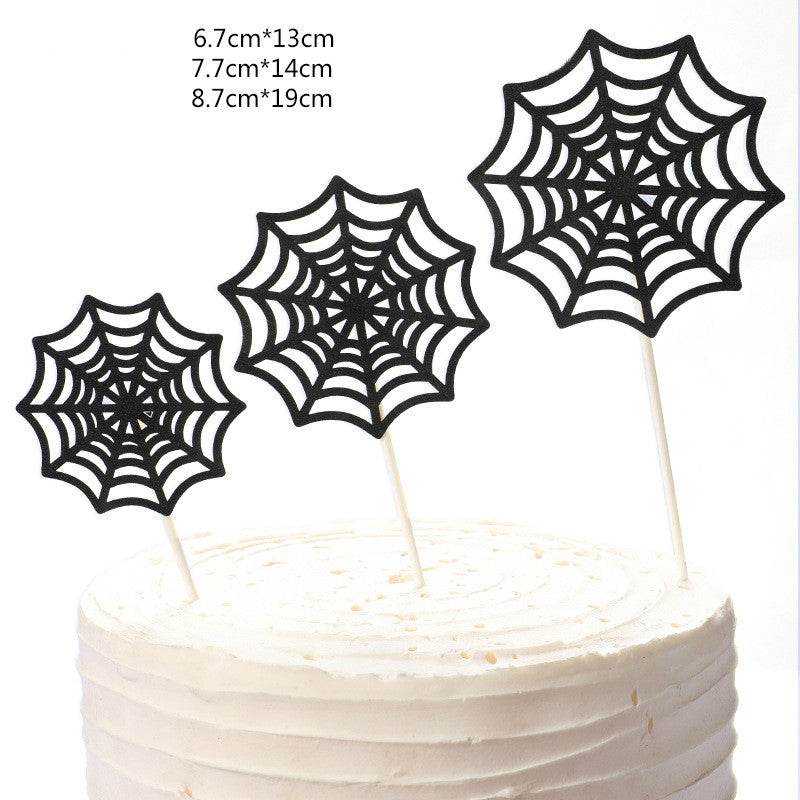 Spider web cake decoration insert card for children's birthday cake, featuring a black spider design