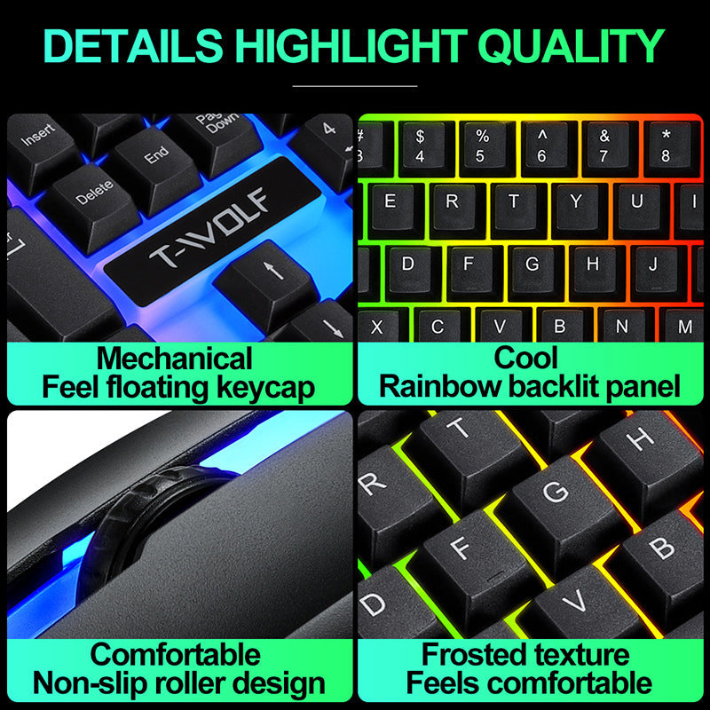 Wired rainbow backlit USB gaming keyboard with ergonomic design and interface controls